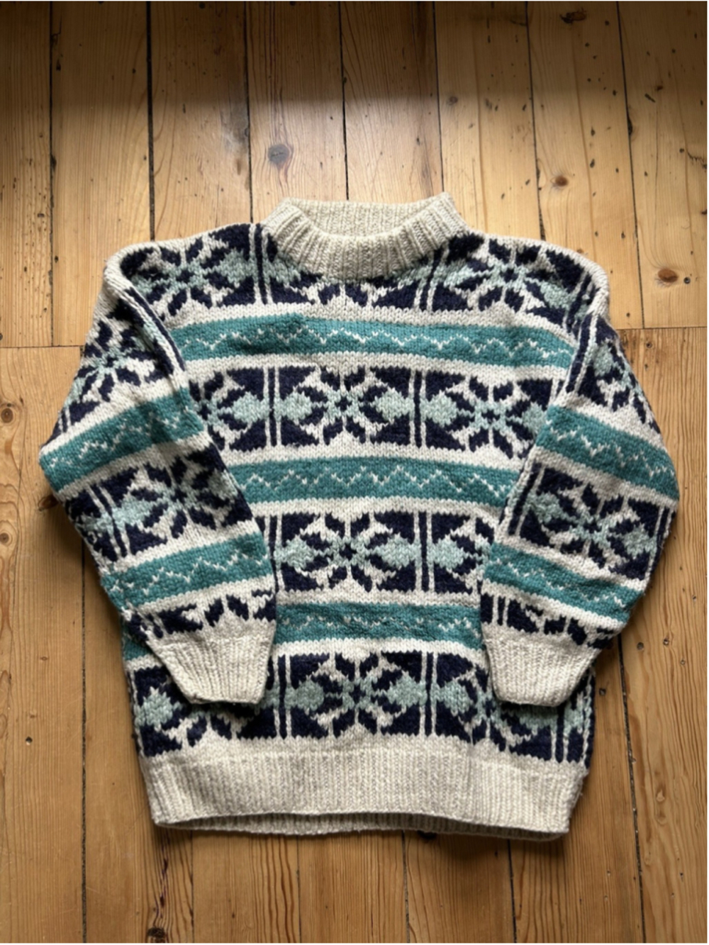 Vintage Hand Knit Fisherman Sweater Blue Aran Aztec Knit Pullover